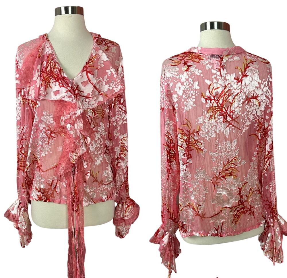 Y2K Fantazia Pink Lace Blouse Victorian Silk Blend Sheer Whimsy Womens Size XL